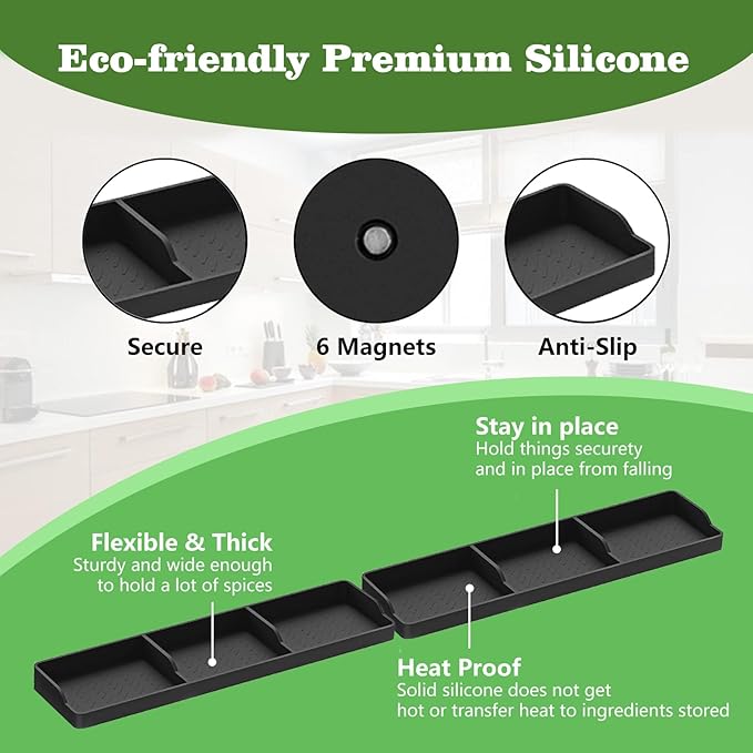 30 Inch Silicone Stove Top Shelf Magnetic for Kitchen, Strong Magnetic Heat Resistant Spice Rack Organizer for Over Stove Oven (Black)