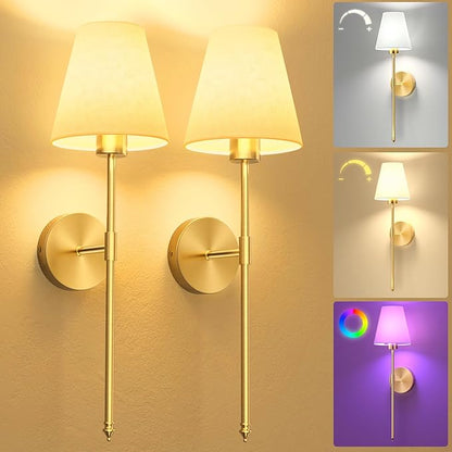 VOLISUN Battery Operated Wall Sconces Set of Two, Wireless Wall Sconces with Remote and Dimmable Bulbs, 9 Colors Battery Powered Wall Lights, Gold Rechargeable Wall Lamps for Bedroom (23.6 inch)