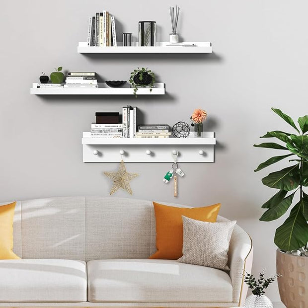 MBYD Picture Shelf Ledge, 24 Inch Floating Shelves for Wall, Nursery Book Shelves with Hooks Set of 3, Floating Shelf Wall Mounted for Bathroom, Kids Room, Living Room, Kitchen Bedroom White