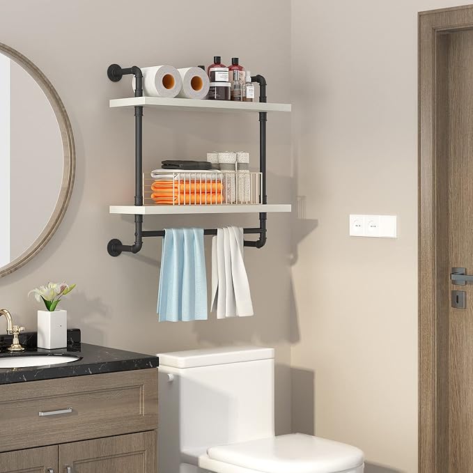 Helsin 24inch Industrial Pipe Shelving Bathroom Shelves Wall Mounted with Towel bar, 2 Tier Rustic Wood Floating Shelf, Metal Towel Rack Wall Shelf for Home & Bathroom (White, 24inch)