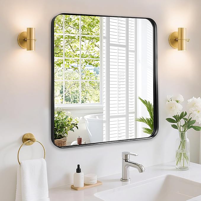 Bathroom Mirror for Over Sink - 24x24 Inch Black Matte Bathroom Mirrors for Vanity, Wall Mounted Rectangle Framed Mirror for Restroom, Fireplace, Living Room Decor