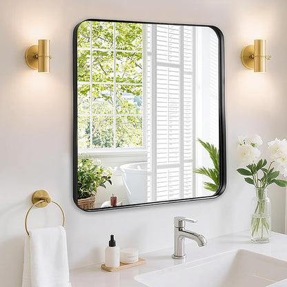Bathroom Mirror for Over Sink - 24x24 Inch Black Matte Bathroom Mirrors for Vanity, Wall Mounted Rectangle Framed Mirror for Restroom, Fireplace, Living Room Decor