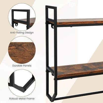 Giantex Wall Mounted Bathroom Shelves with Towel Bar, Industrial 2-Tier Over The Toilet Storage Organizer with Metal Frame, Wooden Wall Shelves, Floating Shelves for Bathroom, Kitchen, Living Room