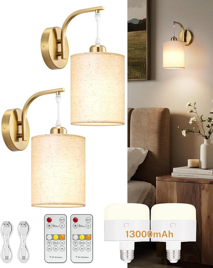 Battery Operated Wall Sconce Set of Two, Pleated Fabric Rechargeable Wireless Wall Sconces with 13000mAh Bulb & Dimmable, Battery Sconces Wall Light Decor Set of 2 for Living Room, Gold