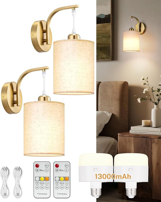 Battery Operated Wall Sconce Set of Two, Pleated Fabric Rechargeable Wireless Wall Sconces with 13000mAh Bulb & Dimmable, Battery Sconces Wall Light Decor Set of 2 for Living Room, Gold