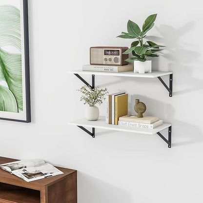 Heimlove White Deep Floating Shelves for Wall, 24W x 12D Wood Wall Shelves Set of 2, Wide Floating Bookshelf for Living Room, Kitchen, Office, Bedroom and Decor Storage, with Black Bracket - White