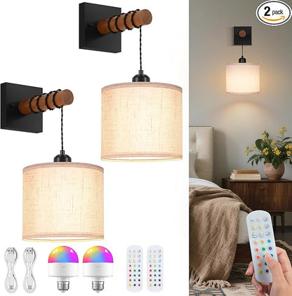 Battery Operated Wall Sconces Set of 2, 8000mAh Rechargeable Sconce RGB 15 Colors Dimmable Wall Sconce Wireless Battery Powered Sconces Decor Wall Lights for Living Room Bedroom Black