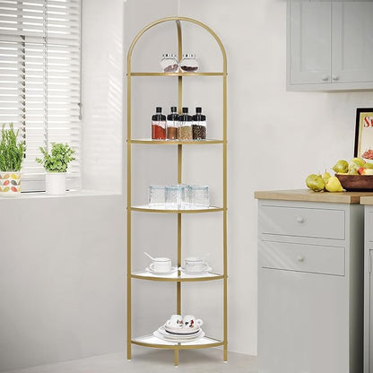 Homhedy 5-Tier Corner Shelf Stand, Metal Corner Bookshelf, Tempered Glass Shelves, Bathroom Storage Rack Shelf, Plant Stand, Modern Style, Golden