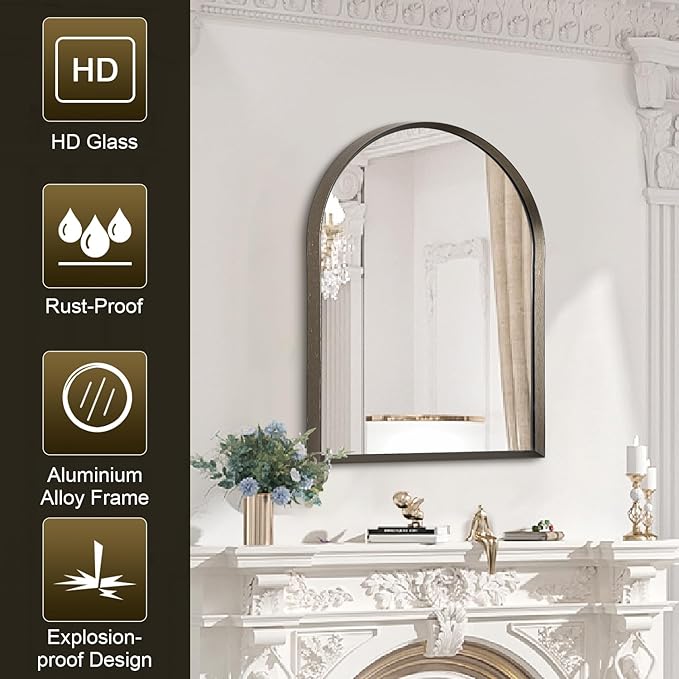 Arched Mirrors for Wall, Brushed Metal Frame Mirror, Arch Bathroom Vanity Mirror for Living Room Bedroom Mantel Entryway Hallways Home Decor Aluminum Alloy Frame 20