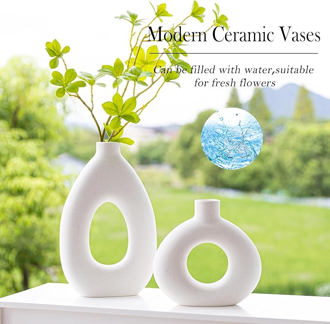 White Ceramic Vase Set of 2 for Modern Home Decor, Round Matte Donut Vases for Pampas Grass, Boho Nordic Minimalism Style Modern Flower Vases for Living Room Table Bookshelf Office Bedroom
