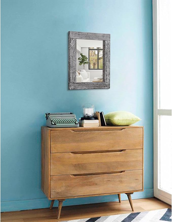 Rustic Wall Mirror Farmhouse, with Frame Wood Wall Mirror Rectangle Antique Decor Hanging Mirror for Bathroom Living Room Bedroom Entryway Small 16