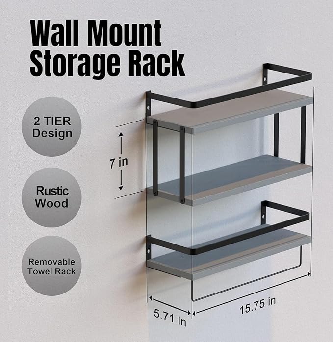 RICHER HOUSE 2+1 Tier Wall Mounted Floating Shelves Set of 2, Rustic Wood Wall Shelf with Metal Frame, Extra Storage Rack for Bathroom, Kitchen, Bedroom with Tissue Rack & Towel Bar - White Gold