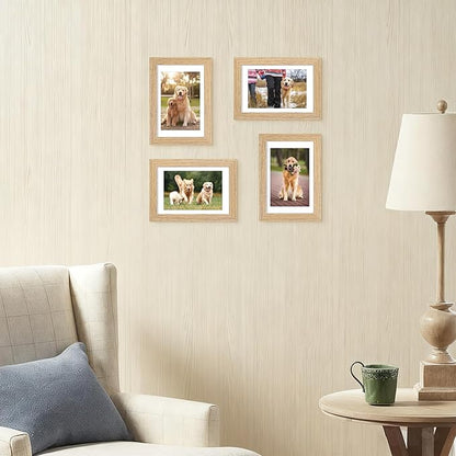4x6 Picture Frame Set of 4, Displays 3.5x5 with Mat or 4x6 Without Mat, Photo Frames for Wall Hanging or Tabletop, Includes HD Plexiglass, Light Wood Grain