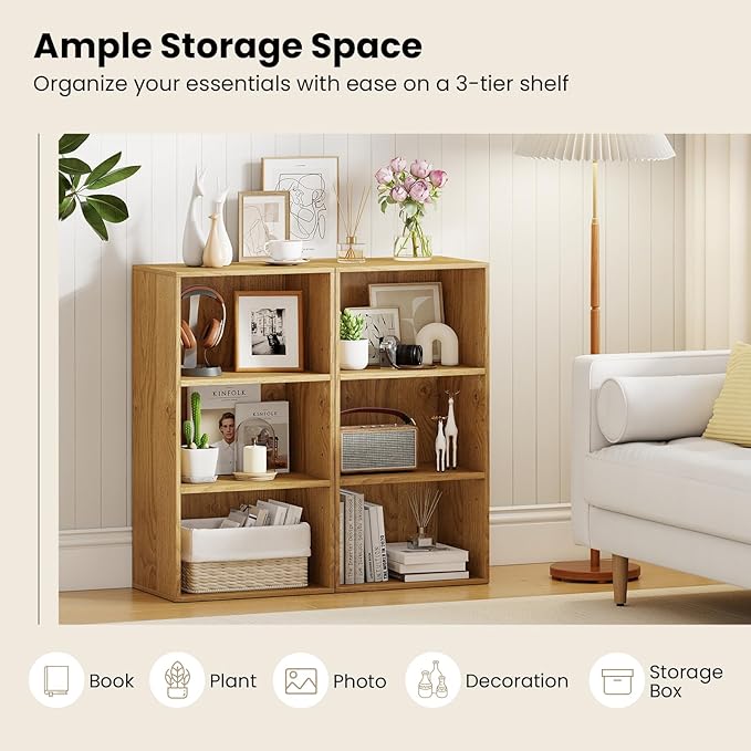 Giantex 3 Shelf Bookcase, Modern Bookshelf Cube Storage Organizer, Open Storage Cabinet Multi-Functional Home Office Bedroom Furniture Display Bookcases, Natural