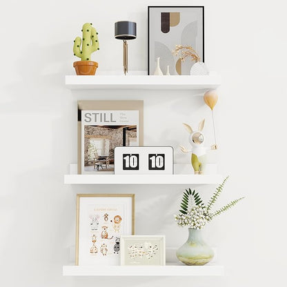 Axeman Picture Ledge Shelf | 16 Inch White Floating Shelves Set of 3 | Rustic Wood Wall Shelves with Lip | 16" White Picture Shelf for Wall with Ledge | Photo Shelves