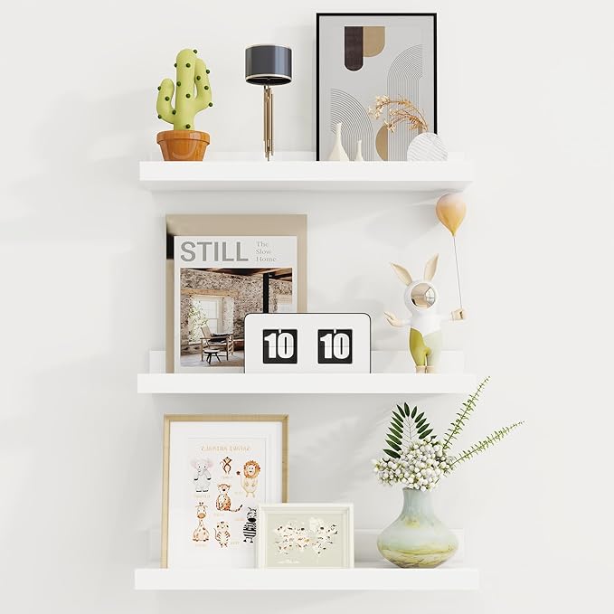 Axeman Picture Ledge Shelf | 16 Inch White Floating Shelves Set of 3 | Rustic Wood Wall Shelves with Lip | 16