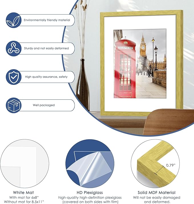 PEALSN 11x14 Picture Frame Set of 6, Display Pictures 8x10 with Mat or 11x14 without Mat for Wall Mounting or Table Top Display, Photo Frames Collage for Wall Decor, Gold.