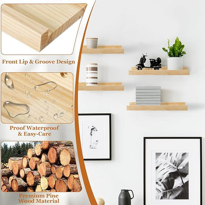 Jeffbaubl Floating Shelves Set of 2, 11.8inch Picture Ledge Shelf for Wall Decor Storage, Natural Wood Wall Shelves with Lip for Bedroom Living Room Kitchen Nursery Books Photo Frames, Natural