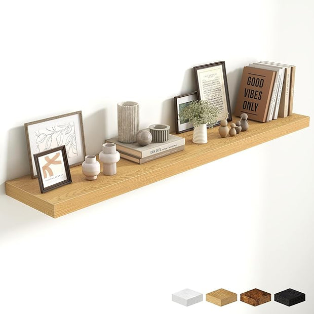 Fun Memories 55 Inch Fireplace Mantel Shelf, 10 Inch Deep Shelves for Display & Wall Storage, Rustic Wood Wall Shelf, Extra Long Floating Shelves for Living Room Laundry Room, Oak, Set of 1