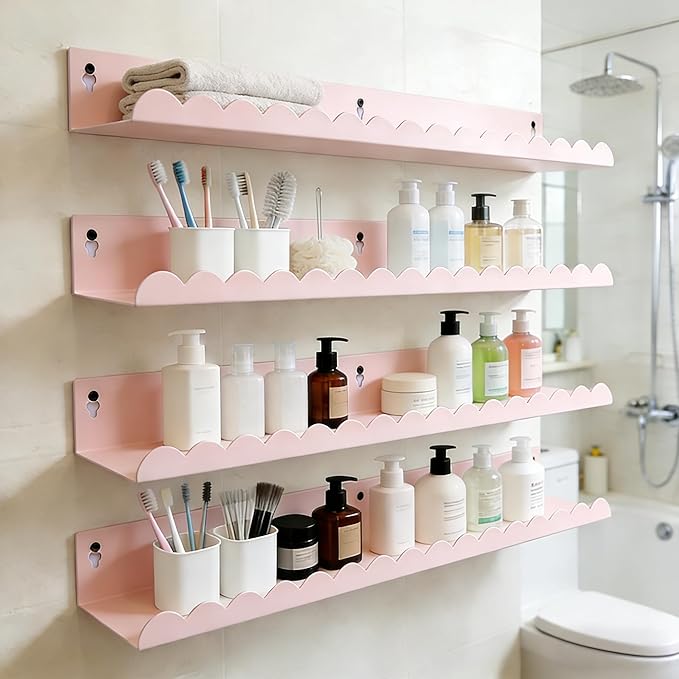 24 Inch Nursery Book Shelves Set of 4, Pink Metal Floating Shelves for Wall, Scalloped Cloud Book Shelf for Kids Room, Bathroom, Bedroom, Playroom Wall Decor & Storage