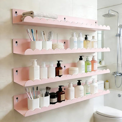 24 Inch Nursery Book Shelves Set of 4, Pink Metal Floating Shelves for Wall, Scalloped Cloud Book Shelf for Kids Room, Bathroom, Bedroom, Playroom Wall Decor & Storage
