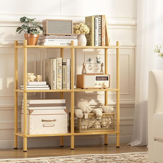 3 Tier Book Shelf, Wide Bamboo Bookshelf, Bookcase with 6 Open Display Shelves, Bookshelves Storage Organizer for Small Place, Standing Shelf Units for Living Room, Bedroom, Bathroom, Office