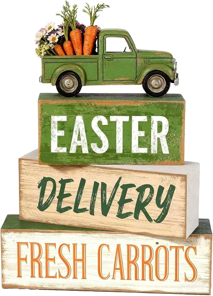Easter Decorations - Easter Truck Tiered Tray Decor Set - Wooden Farm Fresh Carrots Tabletop Decoration - Rustic Farmhouse Spring Home Decor Indoor for Tiered Tray Shelf Mantel Coffee Table Gift - Spring Home Decor for Living Room, Kitchen Counter
