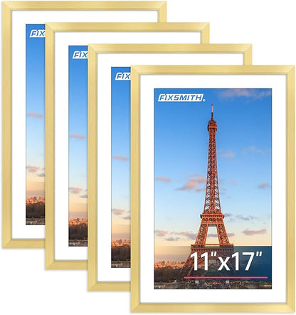 FIXSMITH 11x17 Picture Frame Gold Set of 4, Photo Frame with HD Plexiglass, Display Pictures 9x15 with Mat or 11x17 Without Mat, Gold Picture Frames Collage Wall Decor, Gallary Wall Frame