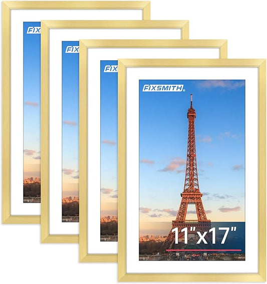 FIXSMITH 11x17 Picture Frame Gold Set of 4, Photo Frame with HD Plexiglass, Display Pictures 9x15 with Mat or 11x17 Without Mat, Gold Picture Frames Collage Wall Decor, Gallary Wall Frame