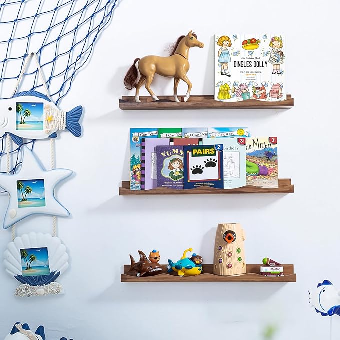 AZSKY Floating Bookshelf for Kids, Floating Shelves for Wall Cloud Picture Ledge Shelf Walnut 23.6 Inches Nursery Book Shelves Set 3, Baby Book Shelf for Toddler Room, Baby Room, Nursery Decor