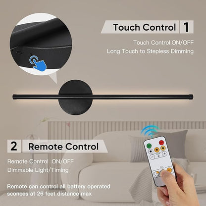 Battery Operated Wall Sconces Set of Two, Wireless Rechargeable Wall Sconces Black with Remote Control Dimmable, Cordless Wall Light Decor for Living Room, Bathroom, Hallway, Timing, 24 Inch