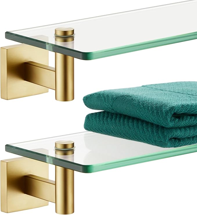 KOKOSIRI Wall Shelves Floating Shelf 16'' Gold Stainless Steel Bathroom Hardware Tempered Glass Hanging Rack Storage/Room Decor 2 Pack B1105BG-L16-P2