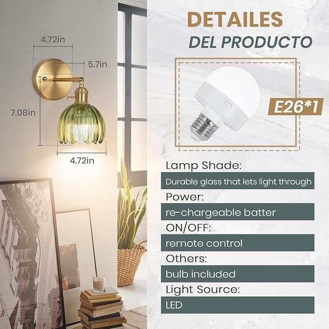 Battery Operated Wall Sconce, Vintage Wall Sconce with Deep Green Tulip Glass Lampshade Rechargeable Battery Powered Wall Light with Remote Control for Bedroom,Living Room, Hallway, Aisle