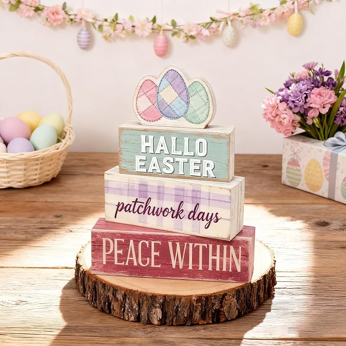 Easter Decorations - Easter Eggs Patchwork Tiered Tray Decor - Wooden Easter Tabletop Sign - Rustic Farmhouse Spring Home Decor Indoor for Tiered Tray Shelf Mantel Entryway Coffee Table - Spring Home Decor for Living Room, Kitchen Counter