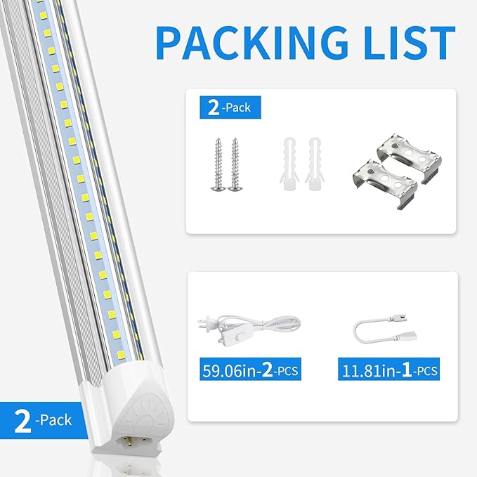 CNSUNWAY LED Shop Light 2FT, 20W 3000LM, 3000K Warm White, T8 LED Tube Lights, Ceiling and Utility Shop Lights, Linkable Light Fixture for Room, Garage, Workbench, ETL Listed (Pack of 2)