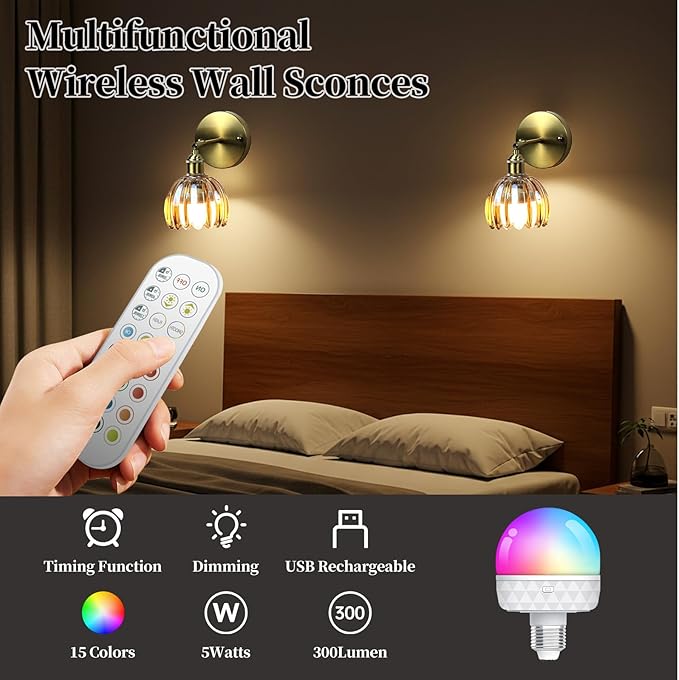 GEEZO Vintage Battery Operated Wall Sconce, with Rechargeable Battery Powered Wall Light with Remote Control for Bedside Bedroom