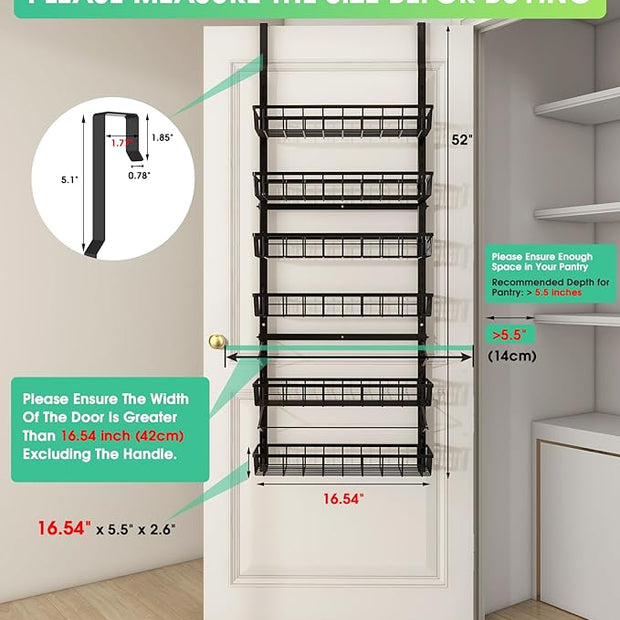 Over The Door Pantry Organizer, Pantry Storage and Organization, 6-Tier Adjustable Hanging Baskets, Metal Wall Mount Spice Rack Seasoning Shelves for Home & Kitchen, Laundry Bathroom - Black