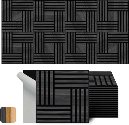 WoveN SounD Artisan Acoustic Wall Panels, 16 Pack 12x12 Inch, Wood Veneer Carved Sound Proof Wall Decor, Self-Adhesive for Home, Studio, Office & Focus Zones, Metre, Black Oak