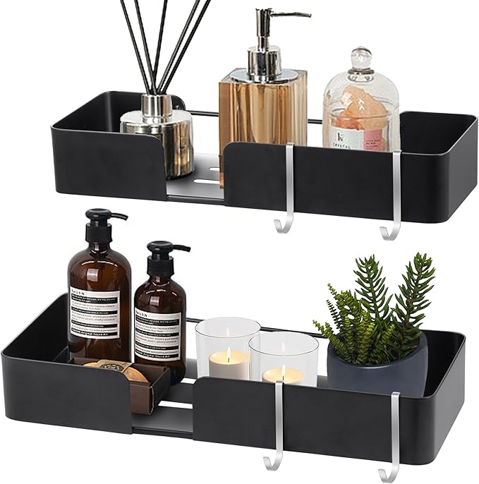 ABCOOL Shower Caddy Floating Bathroom Shelves - Set of 2, No Drill Wall Mounted Adhesive Hanging Shelves with Hooks Decorative Storage Shelves for Kitchen Living Room Bedroom