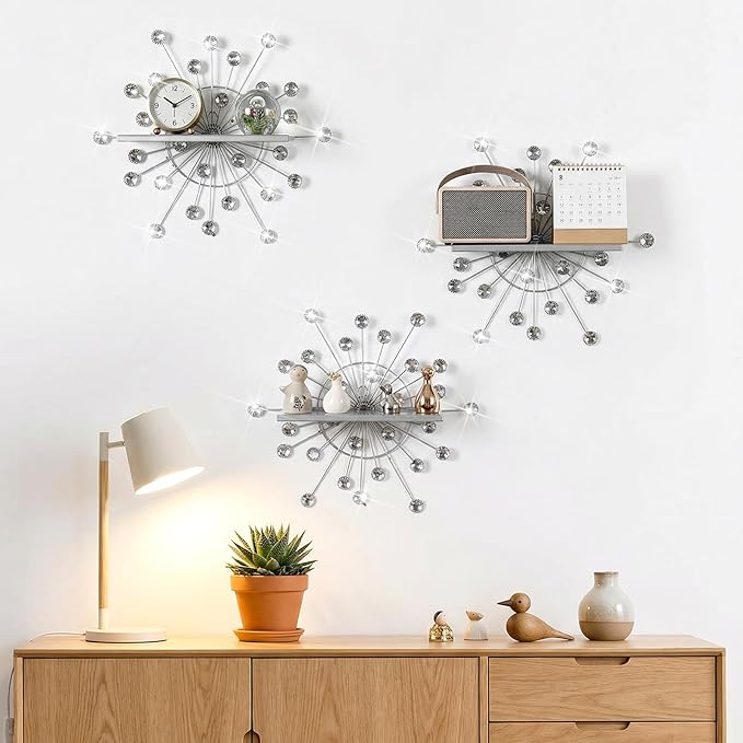 3 Pcs Bling Crystal Floating Shelves Metal Starbursts Wall Decor Folding Shelf Silver Corner Shelves Hanging Wall Mounted for Storage Bedroom Bathroom Living Room Kitchen Office Home Decoration