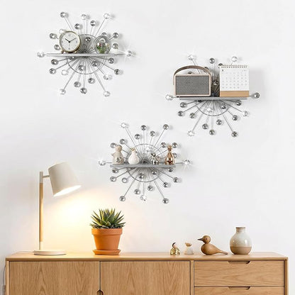 3 Pcs Bling Crystal Floating Shelves Metal Starbursts Wall Decor Folding Shelf Silver Corner Shelves Hanging Wall Mounted for Storage Bedroom Bathroom Living Room Kitchen Office Home Decoration