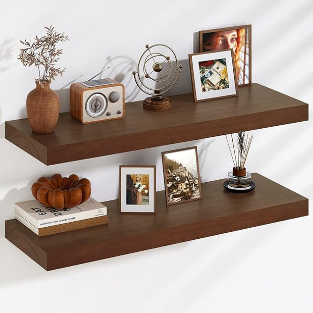 Fun Memories Floating Shelves, 9.3'' Deep Solid Pine Wood Wall Shelves for Storage, Wall Mounted Display Shelf with Invisible Heavy-Duty Metal Bracket, 36'' Width Set of 2, Walnut