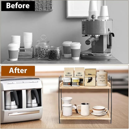 2-Tier Coffee Station Organizer for Countertop, Wooden Coffee Bar Organizer with 2 Cup Hooks, Countertop Storage for Bathroom, Kitchen, Holiday Decorations