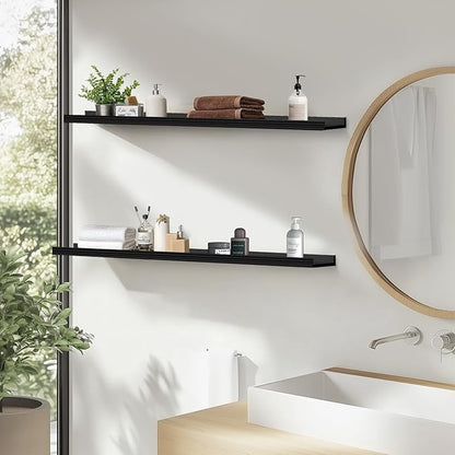 Muzilife 35.4 Inch Large Floating Shelves - Set of 2 Rustic Wood Floating Shelves - Wall Mounted Long Picture Ledge for Bathroom, Bedroom, Living Room, Black, U Shape