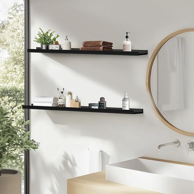 Muzilife 35.4 Inch Large Floating Shelves - Set of 2 Rustic Wood Floating Shelves - Wall Mounted Long Picture Ledge for Bathroom, Bedroom, Living Room, Black, U Shape