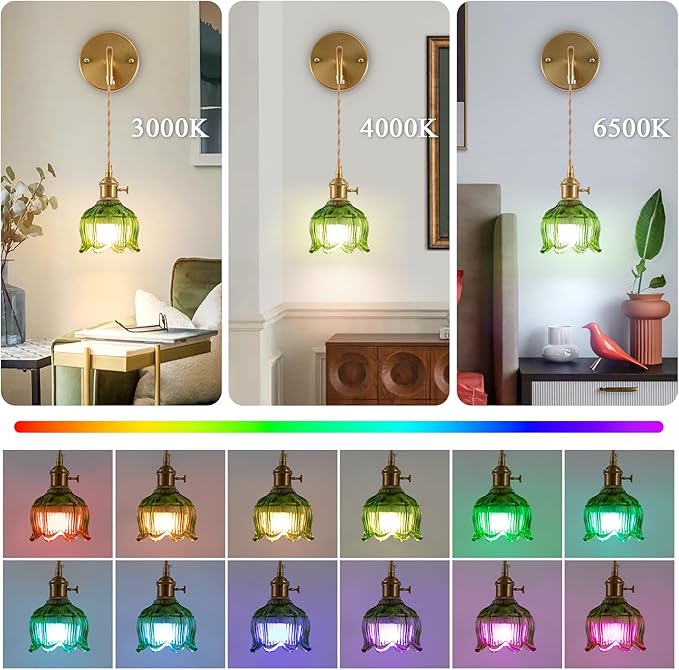 Vintage Battery Operated Wall Light with Remote, RGB Dimmable LED Wall Light Set of 2, Rechargeable Battery Powered Wall Lights with 15 Colors for Bedroom, Living Room, Home Decor