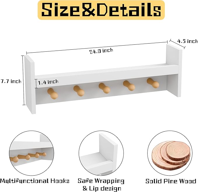 Nursery Floating Shelves Set of 2 - Pine Wood Kids Shelves, Wall Shelf with Hooks, 24 Inches Floating Shelves for Wall Storage, Nursery Shelves for Kids Room, Bedroom, Entryway(White)