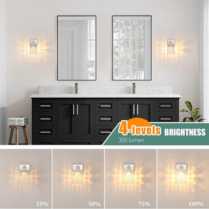Set of 2 Crystal Battery Operated Wall Sconce,Rechargeable Wall Lamp with 5200mAh Battery & Remote Control, Modern Dimmable Wireless Wall Lights for Bedroom Bathroom (Clear, Silver Base)
