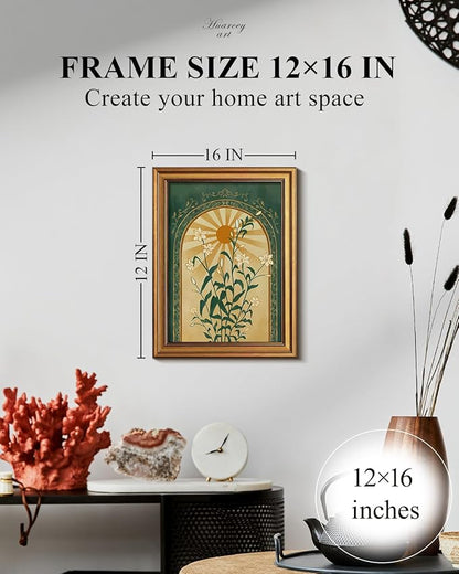 HUARCEY Gold Framed Canvas Wall Art, Sun Botanical Picture Decor, Living Room Bedroom Emerald Green Boho Art, Rustic Vintage Moody Mystical Folk Art Canvas Paintings, 12x16inch