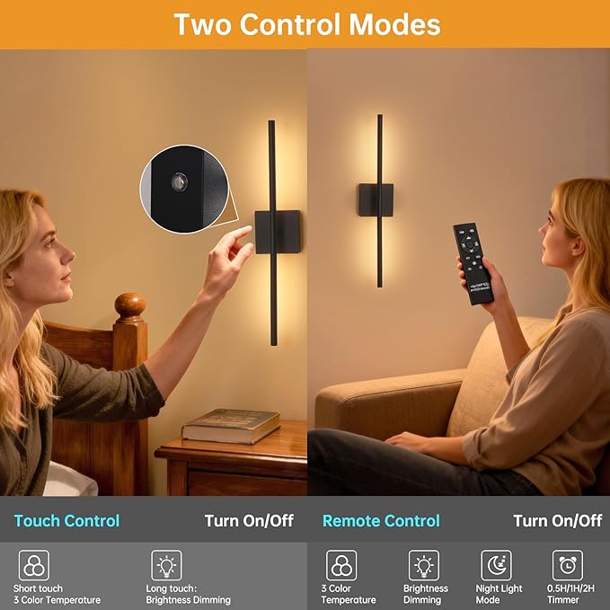 Battery Operated Wall Sconce Set of 2, 8000mAh Wireless Wall Sconces, 3000K-6000K Dimmable, 350°Rotate, Indoor Wall Lights with Remote for Bedroom Living Room Bathroom, Black, 23.6 Inch